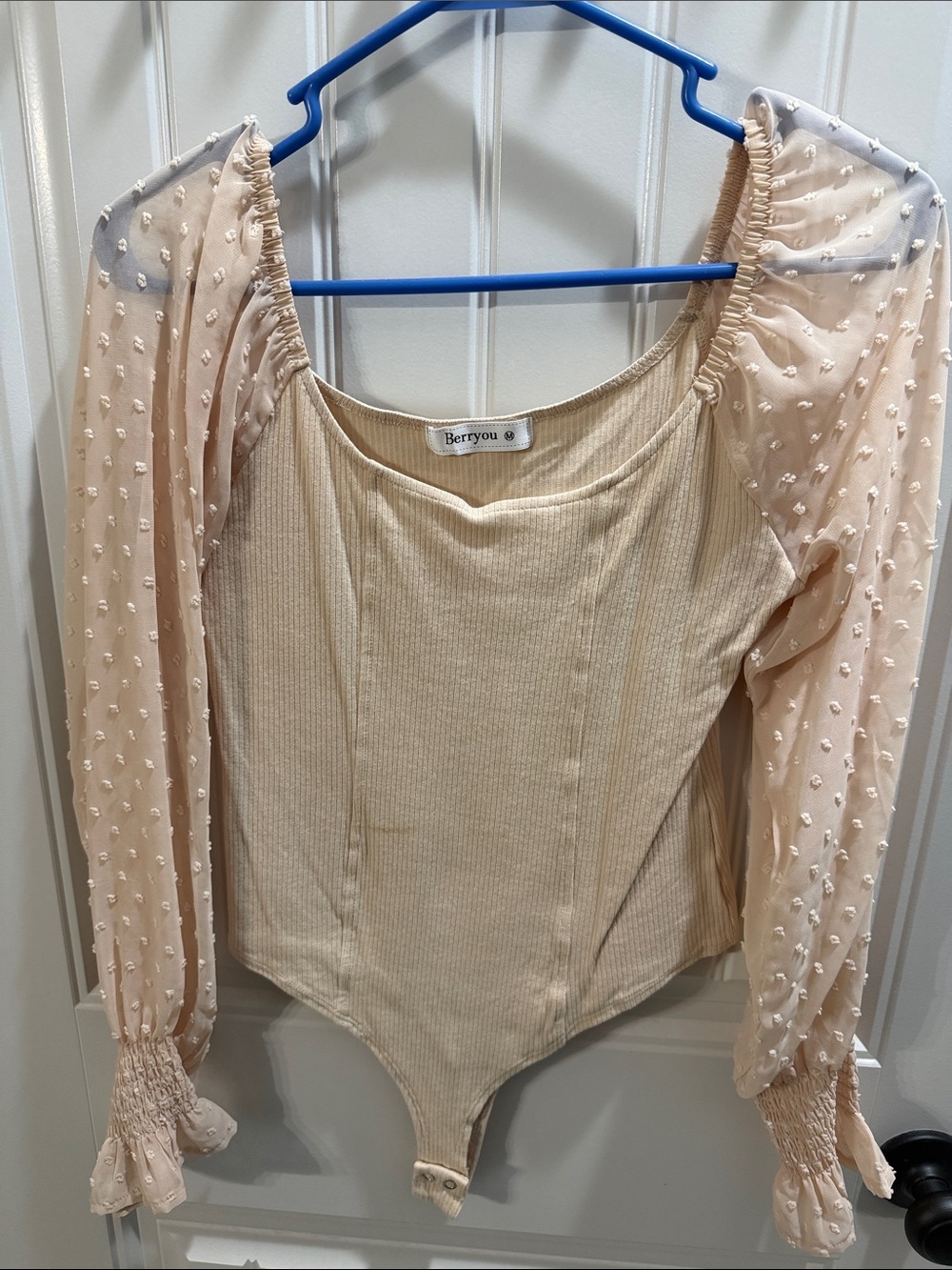 Berryou Cream Sheer Puff-Sleeve Ribbed Bodysuit